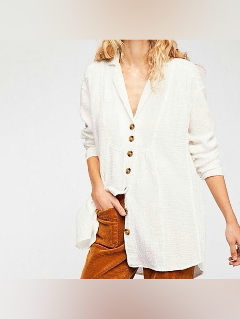 Free People gauze cream Button-Front oversized Tunic Shirt size S